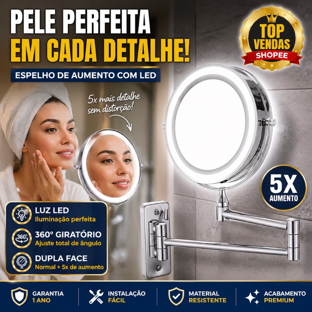 Espelho De Aumento Articulado Com LED 5x Giratório 360º Dupla Face Maquiar Barbear Maquiagem Agrantt