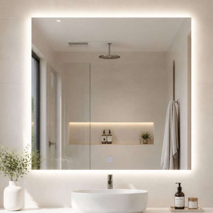 Espelho Quadrado com Botão Touch e LED 3 Cores 50x50 Lapidado para Banheiro Decorativo Premium