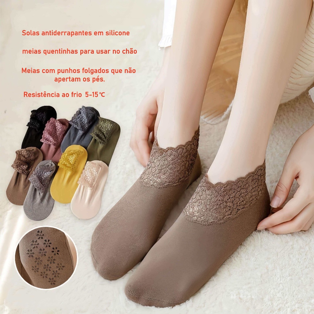 Kit 4 Pares Meias Térmicas Femininas com Silicone Antiderrapante, Super Quentes, Macias, com Renda