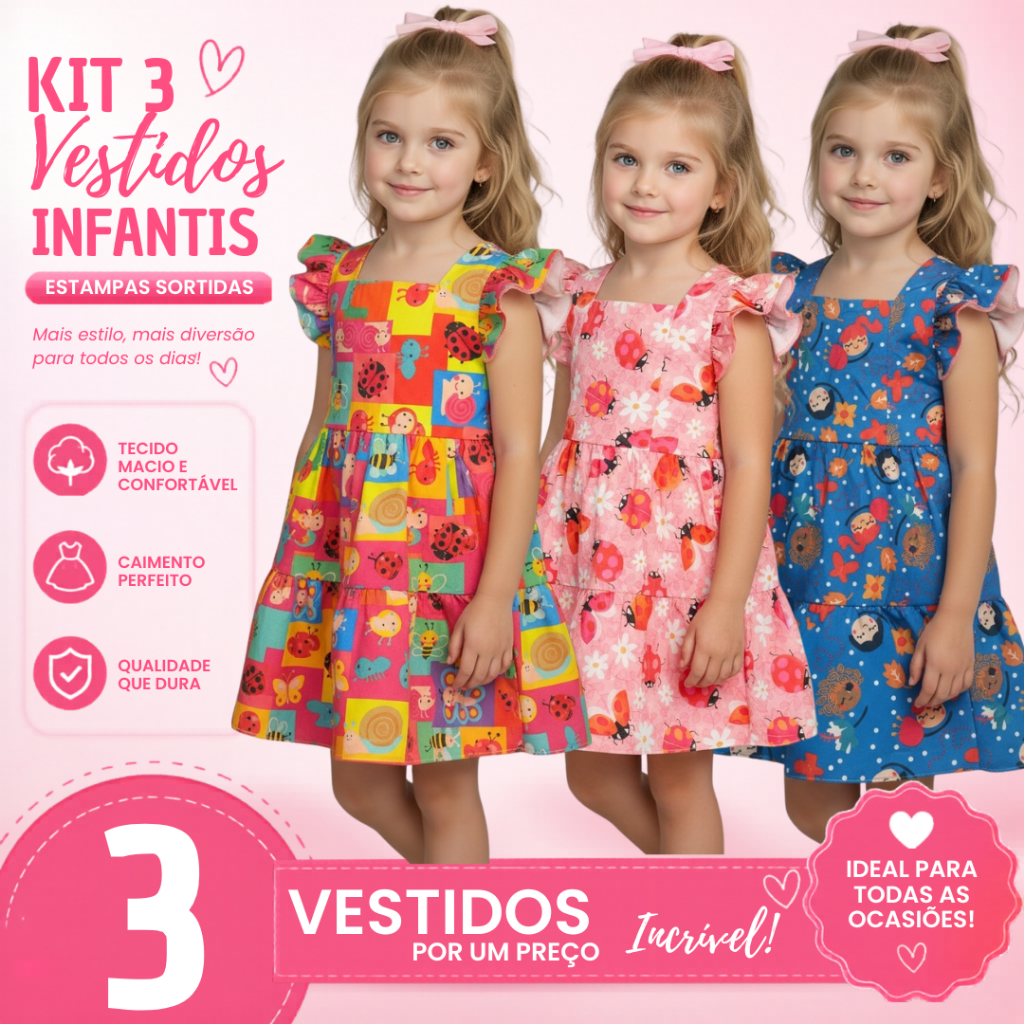 Kit 3 Vestidos Infantis Menina Estampados 2 a 6 Anos Confortáveis e Estilosos