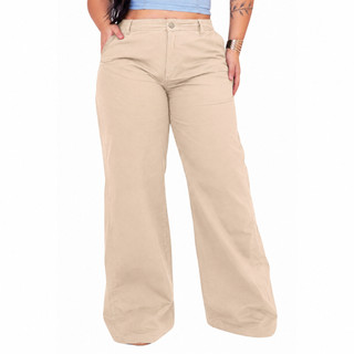 Calça Pantalona Plus Size Cor Bege Wide Leg Cintura Alta