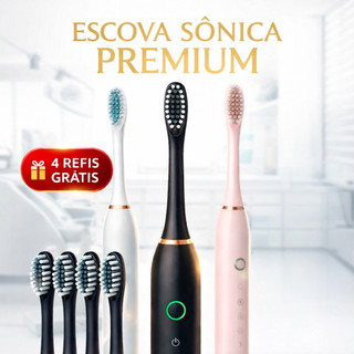 Escova de Dentes Elétrica 2un. ou 1un. - Recarregável + 4 Refis Grátis - 6 Modos Limpeza IPX7