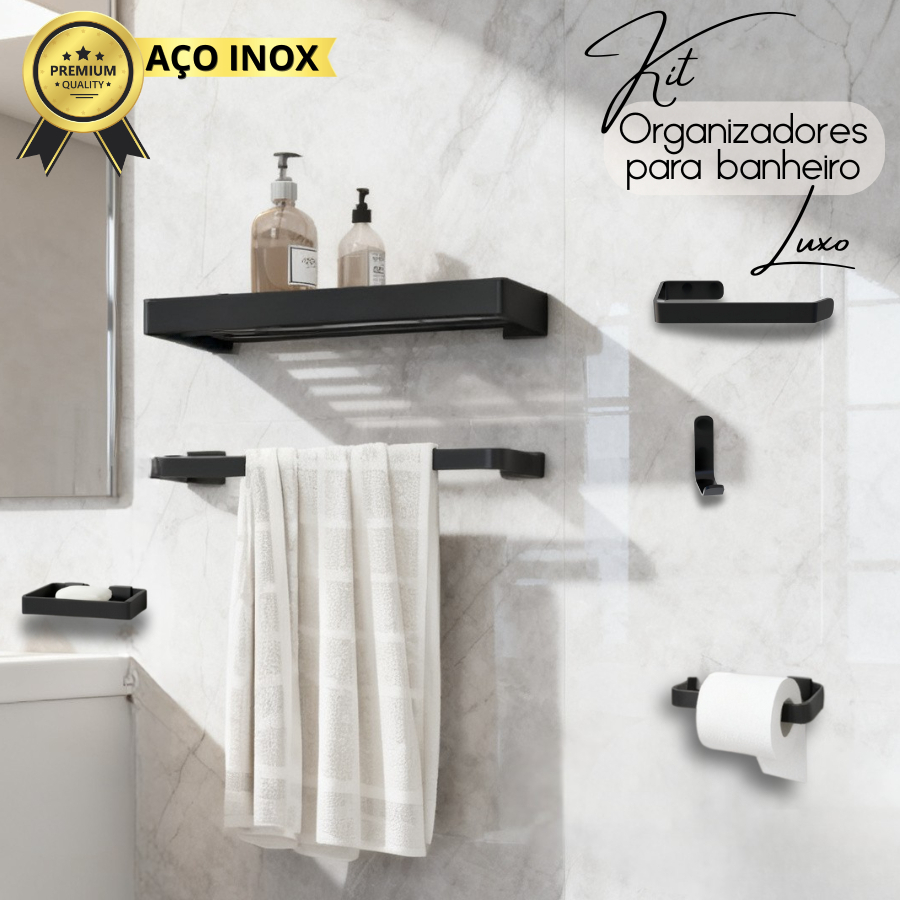 Kit Acessórios Para Banheiro 6 Peças Preto Em Aço Inox Durável Lavabo