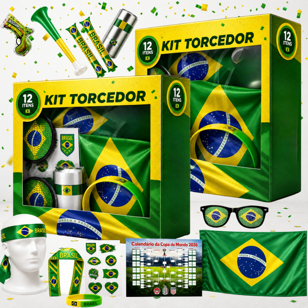 2 Kits Copa do Mundo 2026 Torcedor de Futebol Brasil 12 Itens Bandeira Comemoração Acessórios