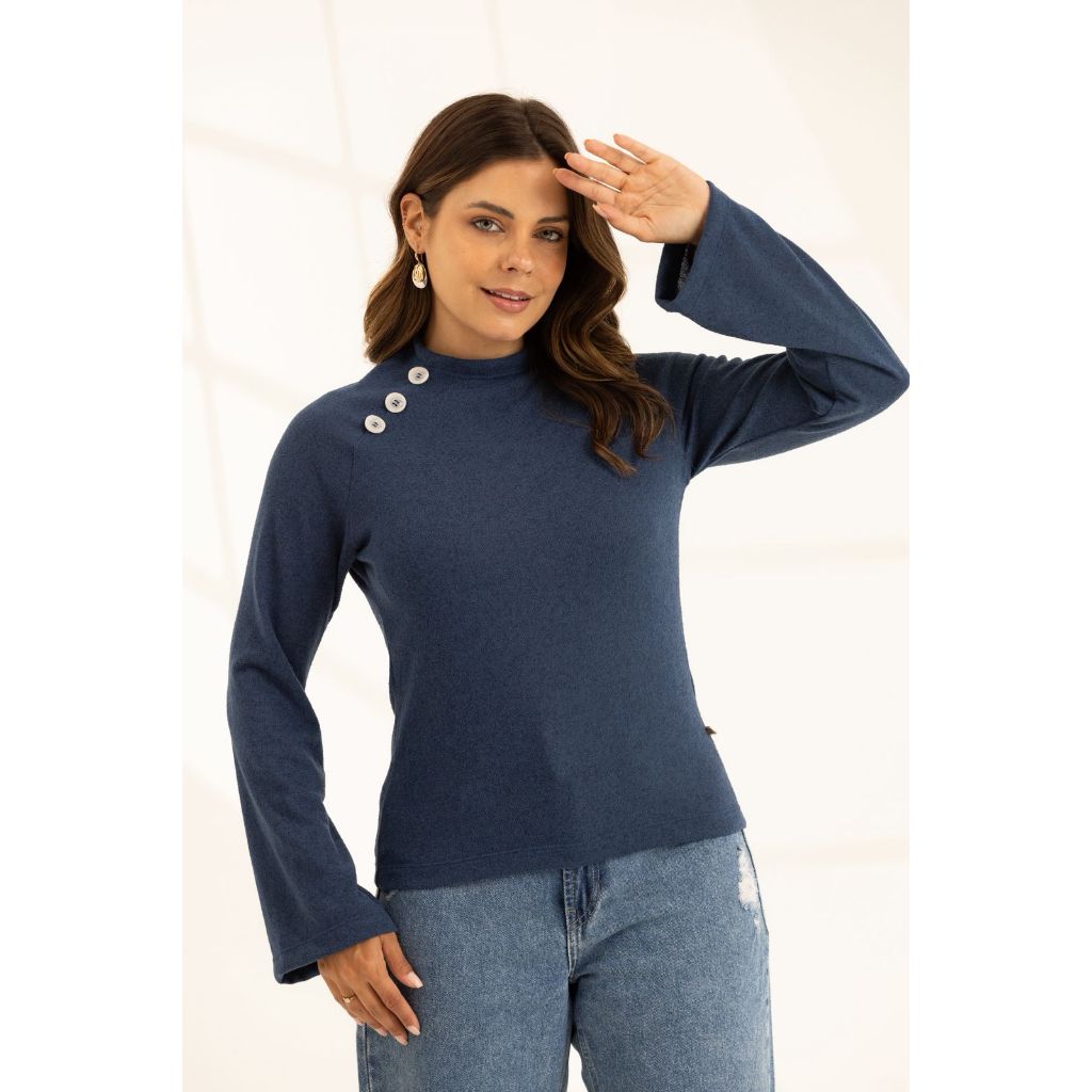 Blusa Feminina Manga Longa Raglan em Lã Winter com Botões no Ombro, Gola Alta e Caimento Confortável
