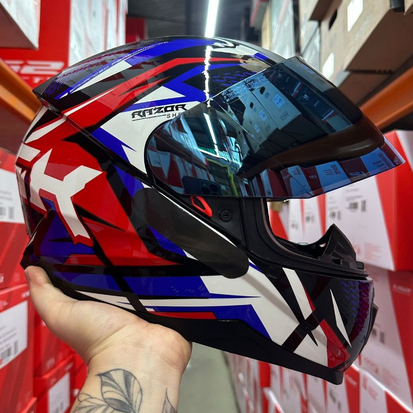 CAPACETE NORISK RAZOR SHARP AZUL VERMELHO MASCULINO FEMININO + VISEIRA AZUL E CRISTAL OFERTA TOP