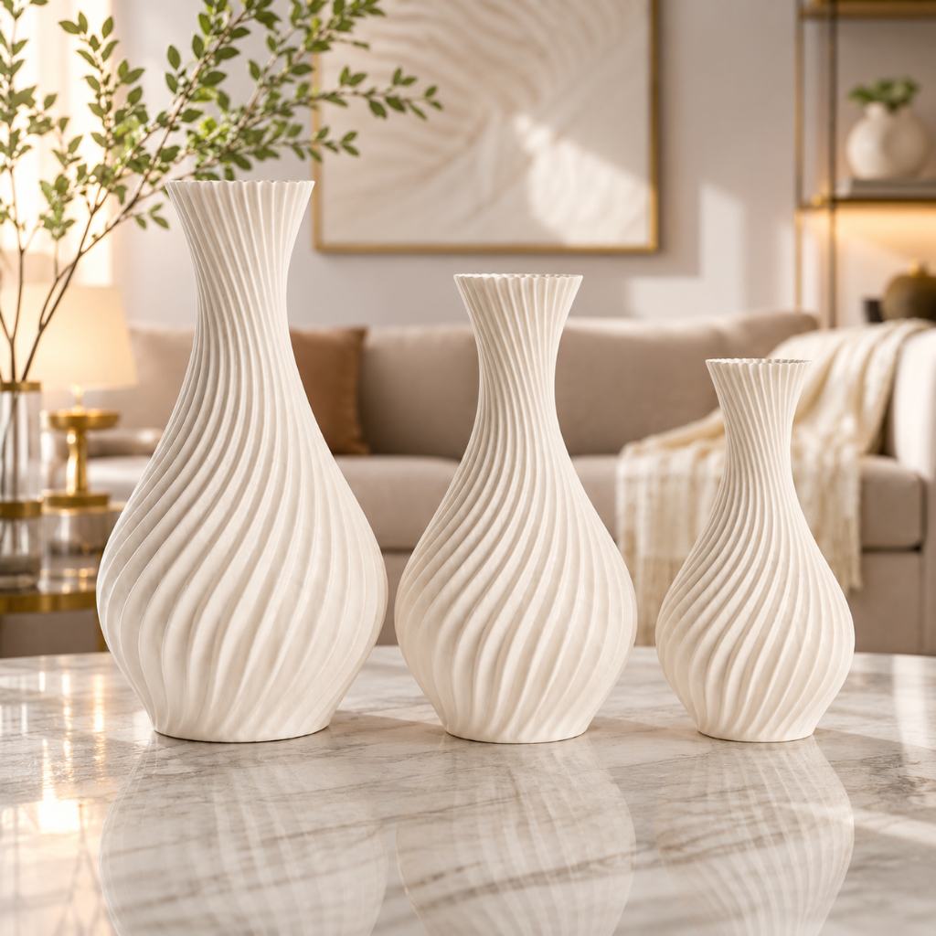 Kit 3 Vasos Decorativos Impressão 3D Espiral Branco Moderno Sala Quarto Jarro Plantas Flores