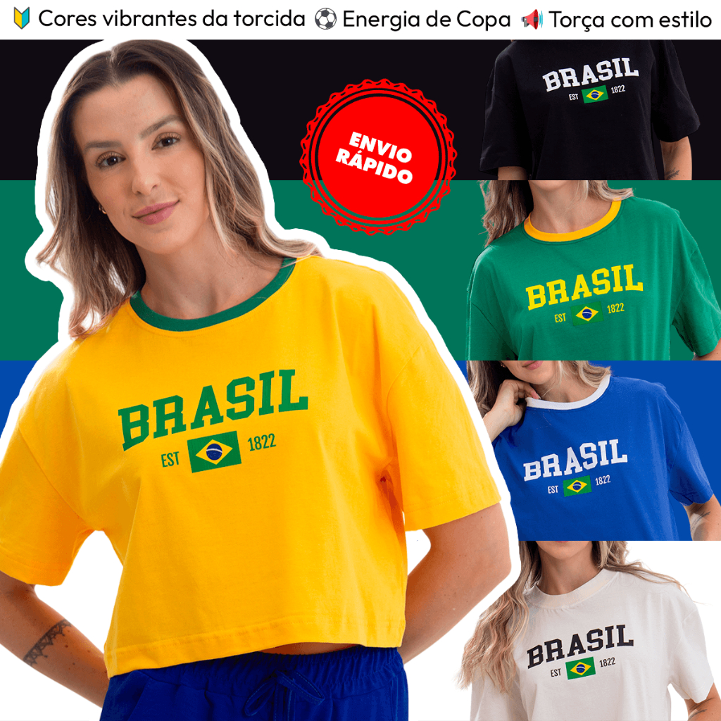 Camiseta Cropped Copa do Mundo Brasil Oversized Edição Limitada 100% Algodão