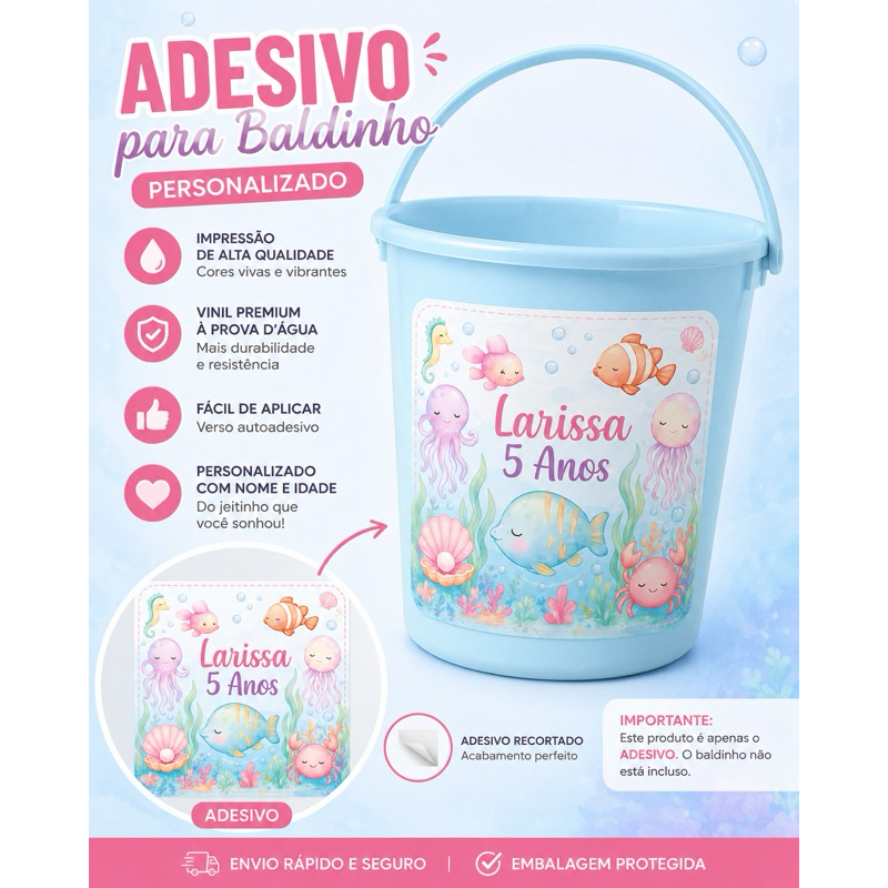 Adesivo Tema Fundo do Mar Menina Personalizado Adesivo para Baldinho de Festa Infantil Lembrancinha Aniversário Submarin