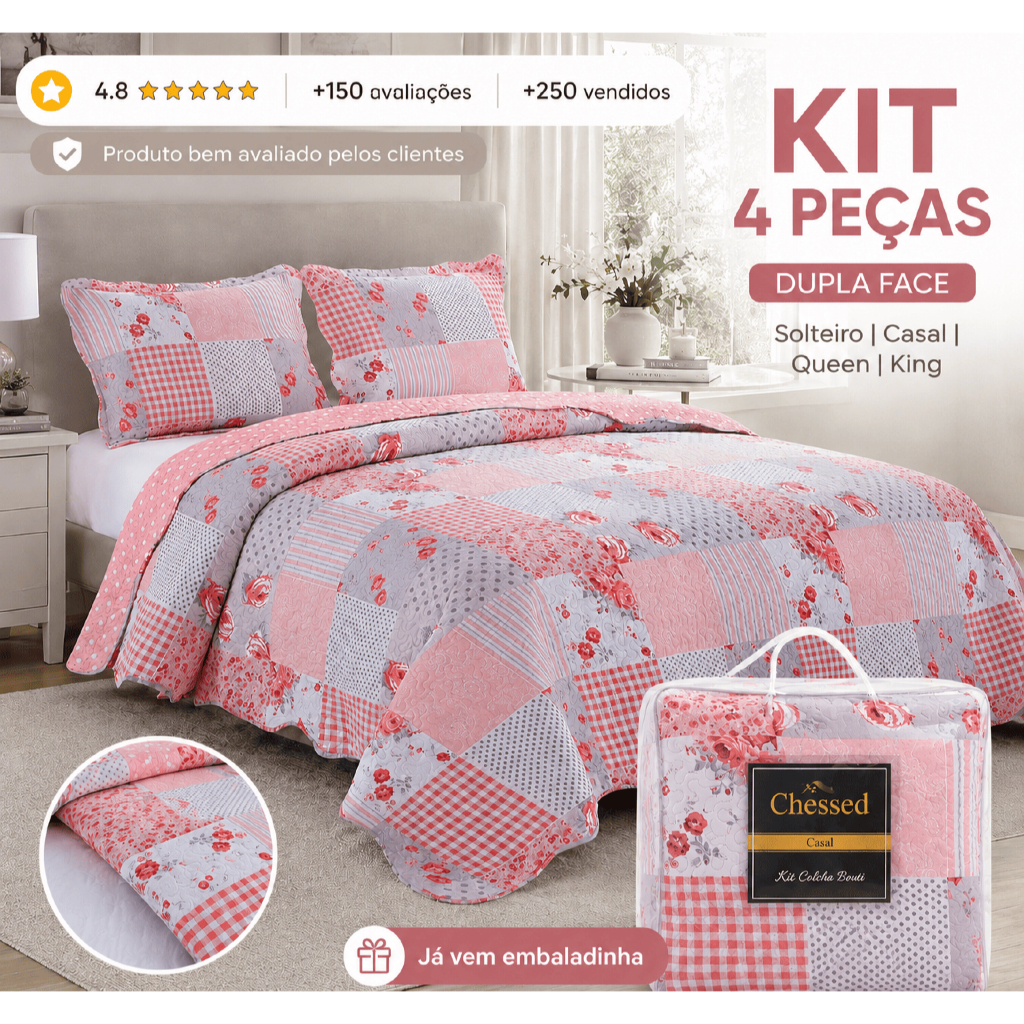Colcha Cobre Leito 3 Peças Dupla Face Matelado Floral para Cama Box