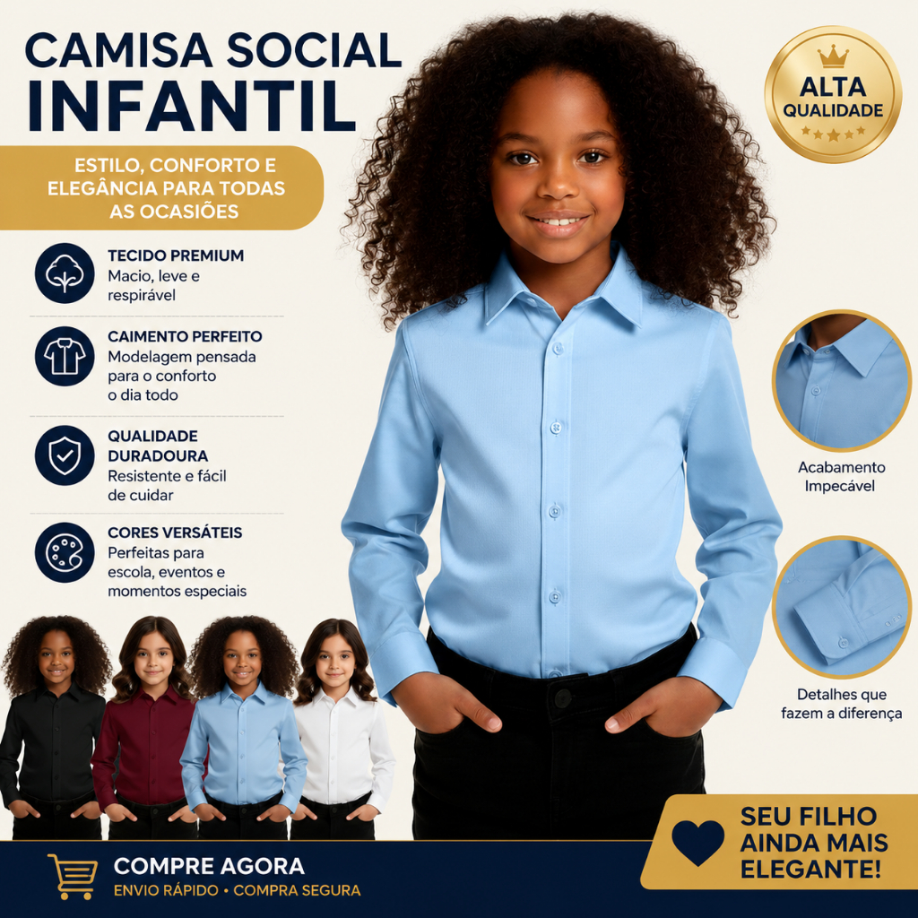 Camisa Social Feminina Infantil Azul | Roupa Infantil Estilosa para Festa e Dia a Dia