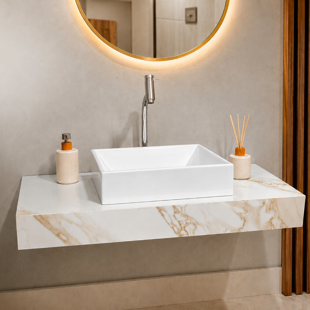 Bancada Porcelanato Premium Bege 80x40 Cuba Branca Pia Banheiro Lavabo Mellstone Kit Instalação