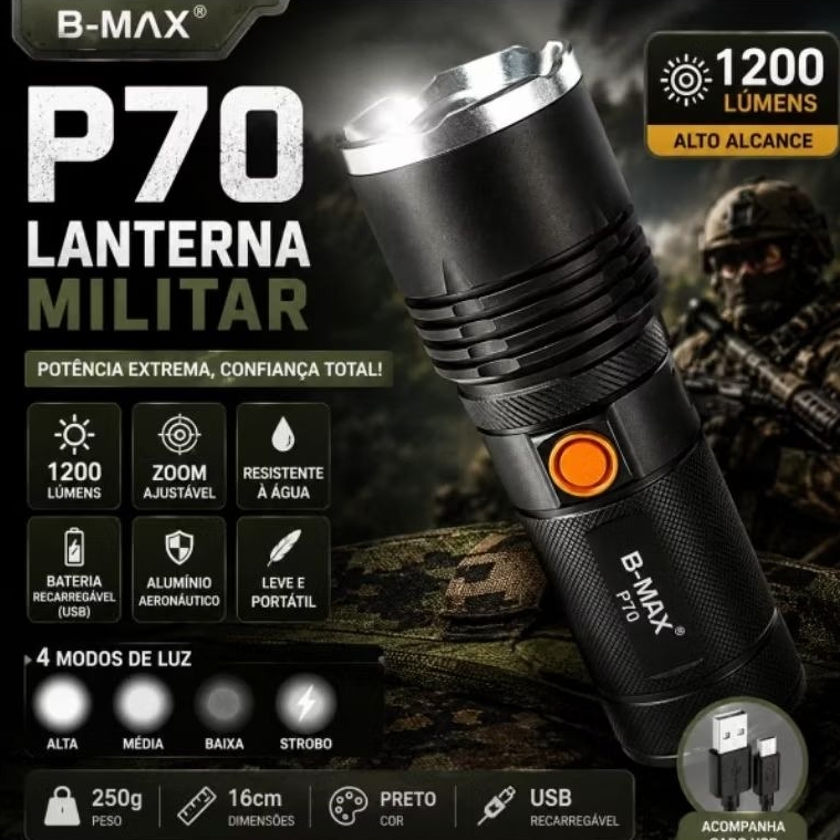 Lanterna Holofote Tática Led P70 Super Forte Com Zoom
