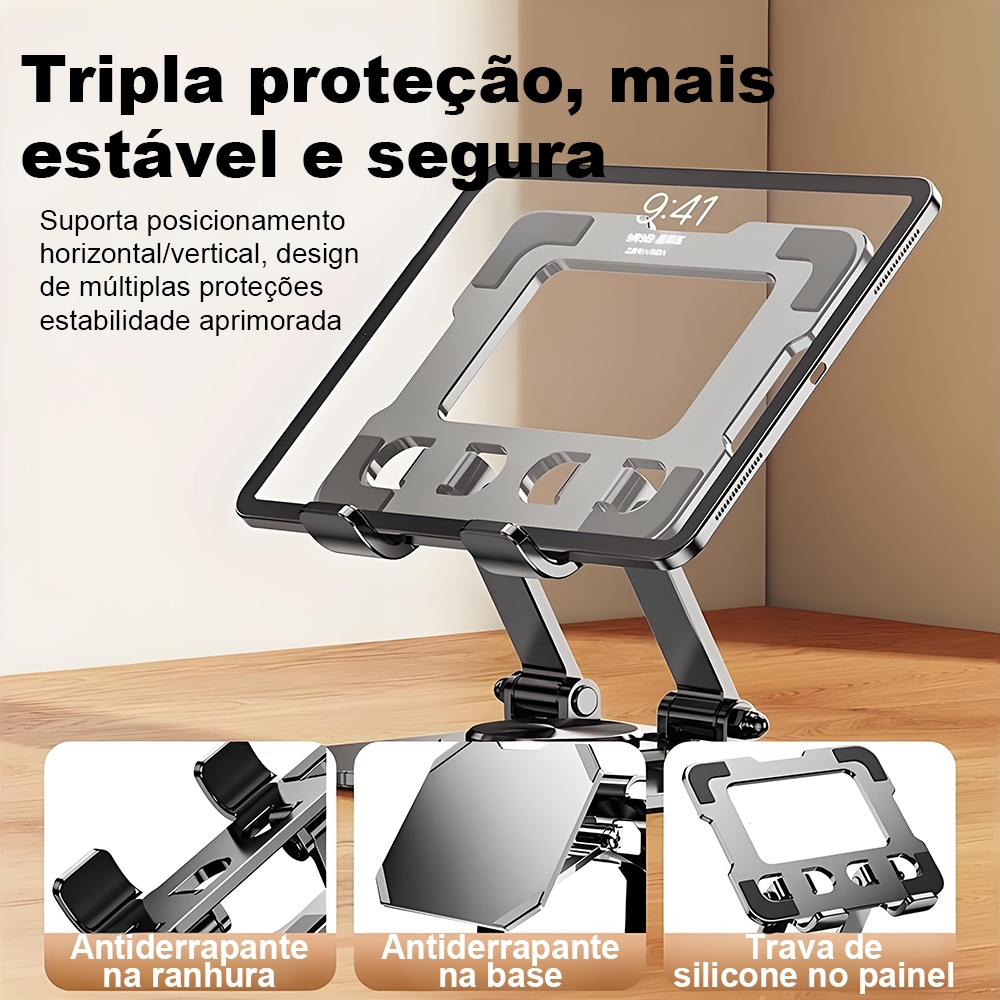 Detalhes do Suporte de Mesa Para Tablet 360° Base Ajustável e Dobrável Suporte Ergonômico