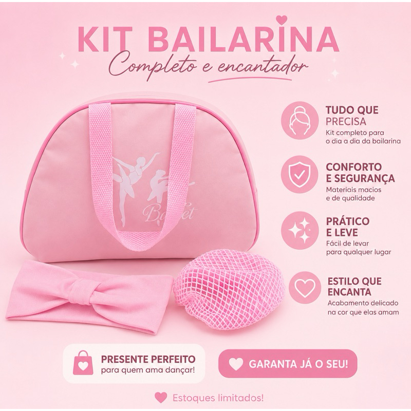 kit ballet infantil c/ bolsa bailarina, faixa de nó + rede de coque - rosa bebê