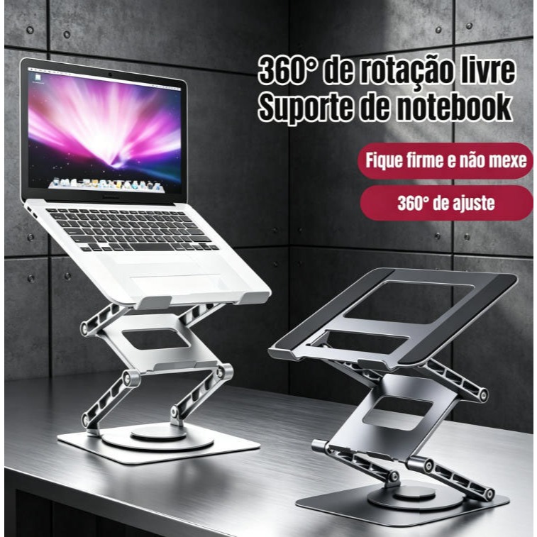 Suporte de Metal Ajustável Giratório 360°, Para Notebook 10 Até 17", Ergonômico Para Home Office E Trabalho