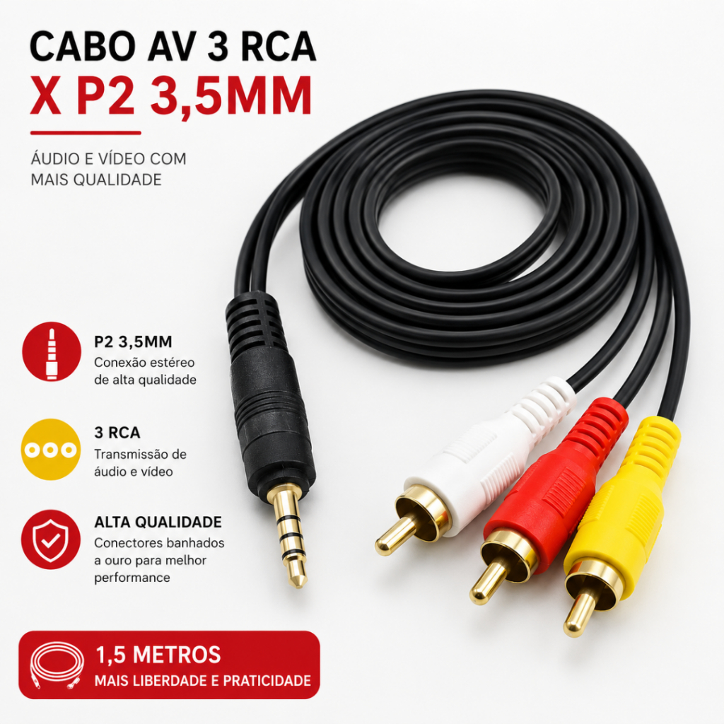 Cabo Av Áudio e Vídeo P3 para RCA de 3 Vias 1,5 Metros Compatível com Tv de Tubo, Tv Box Smartv