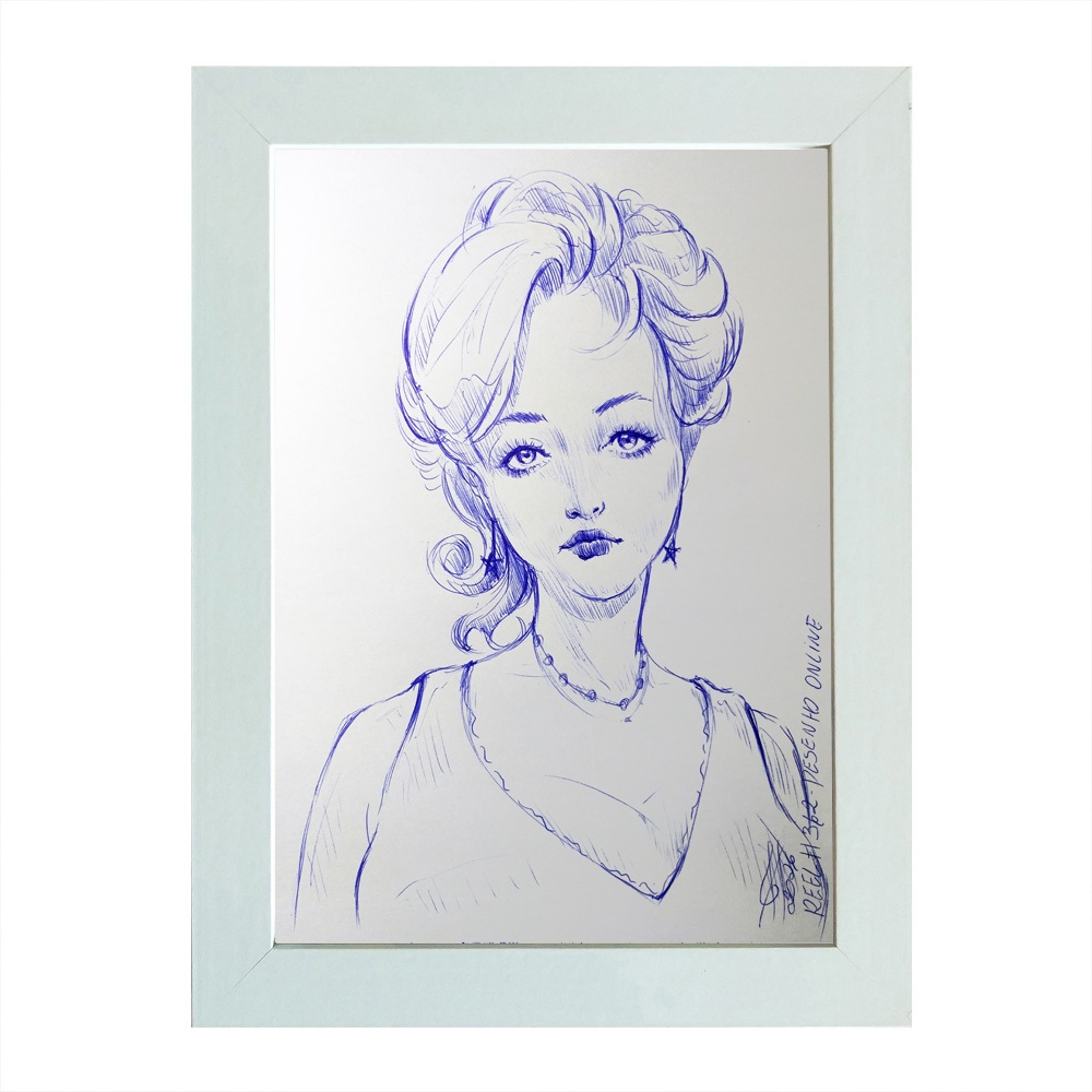 Quadro desenho original caneta azul Jovem a5 moldurado assinado arte original reel #362