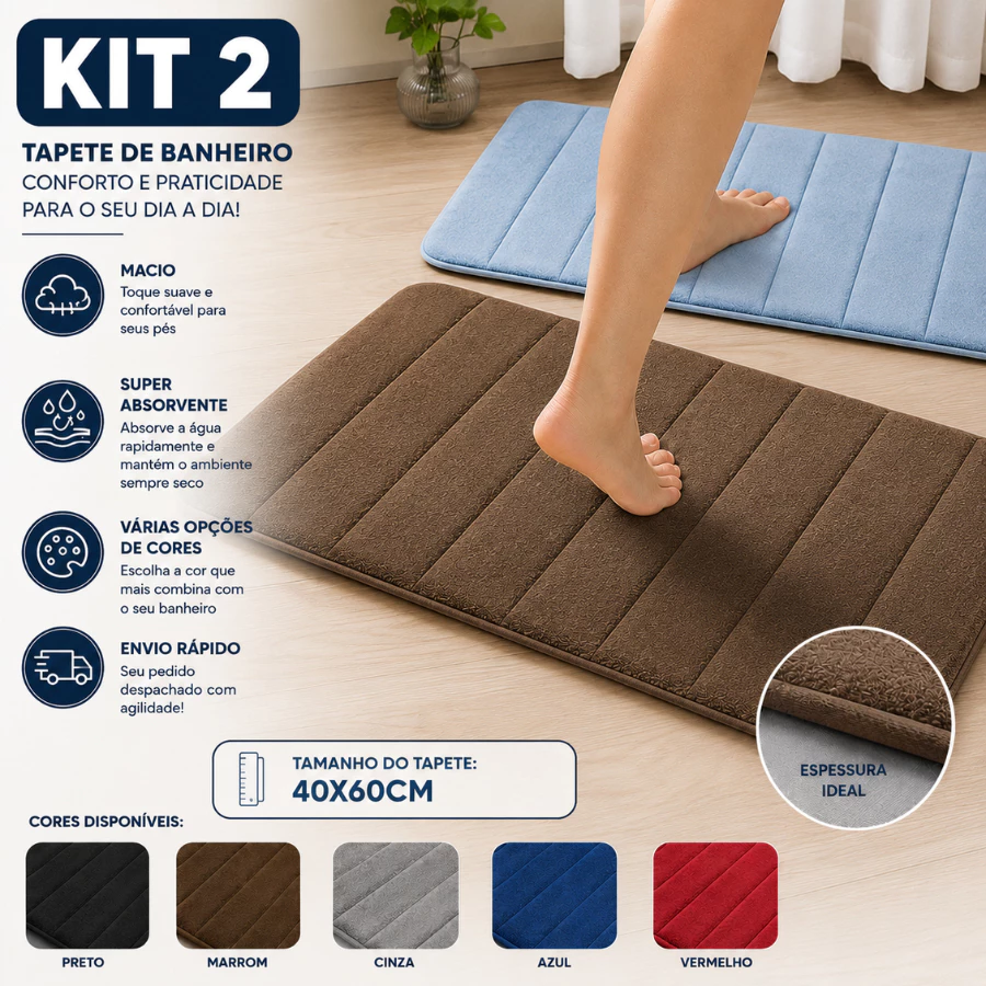 Kit com 2 Tapete Antiderrapante Absorvente Banheiro Quarto Macio Soft Secagem Rapida 60x40 — imagem 1