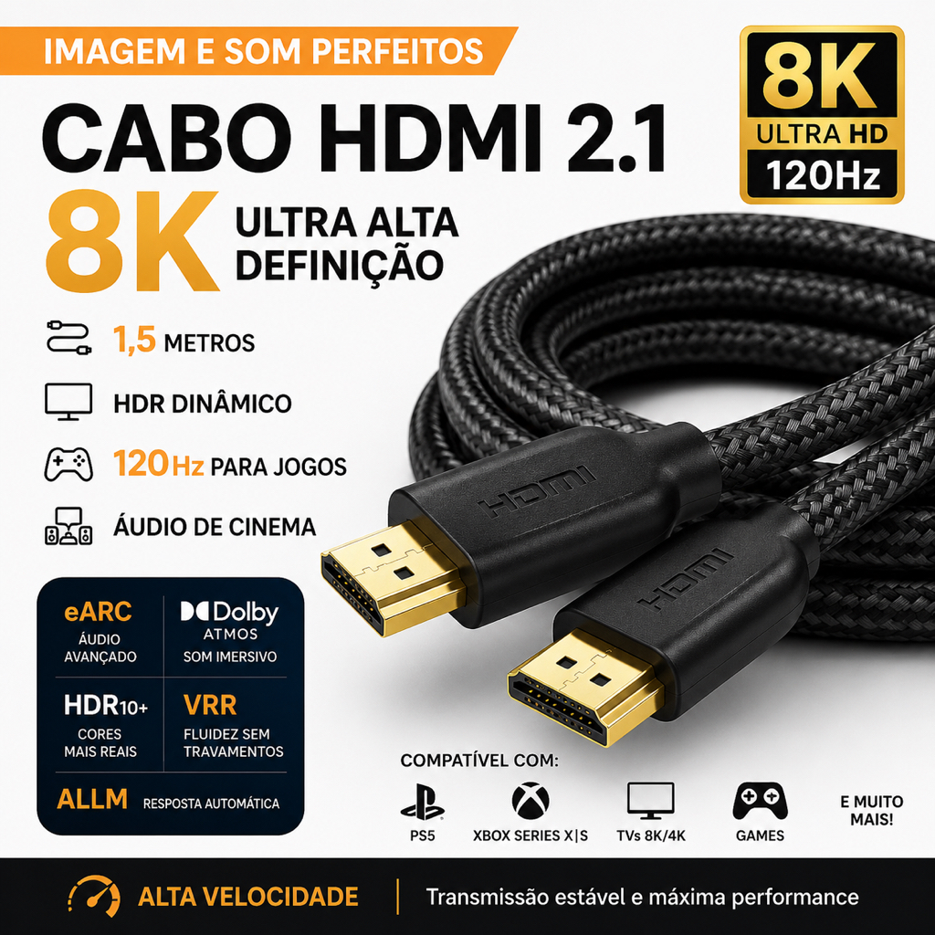 Cabo HDMI 2.1 1,5m 8K 120Hz Malha Trançada Conector Dourado eARC Dolby Atmos HDR10+ VRR ALLM Alta Velocidade PS5