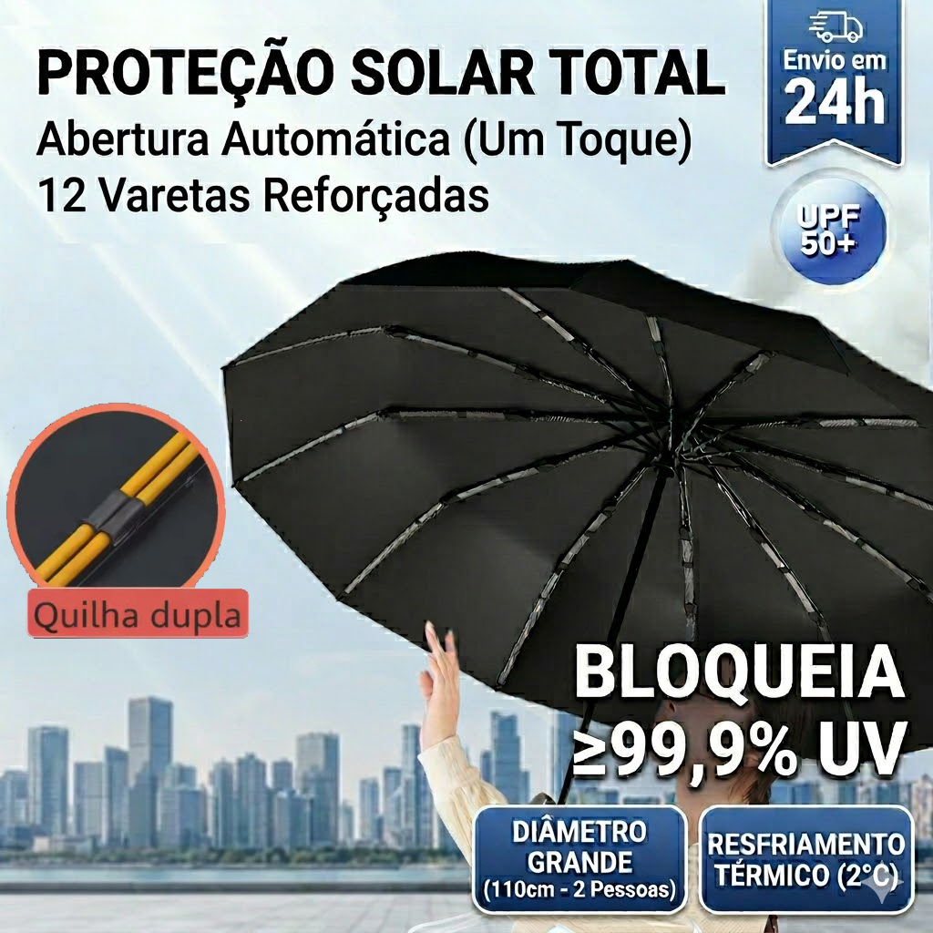 Guarda-chuva Grande 110cm Extra Forte 12 Varetas Estrutura Dupla Resistente a Ventos Fortes Automático