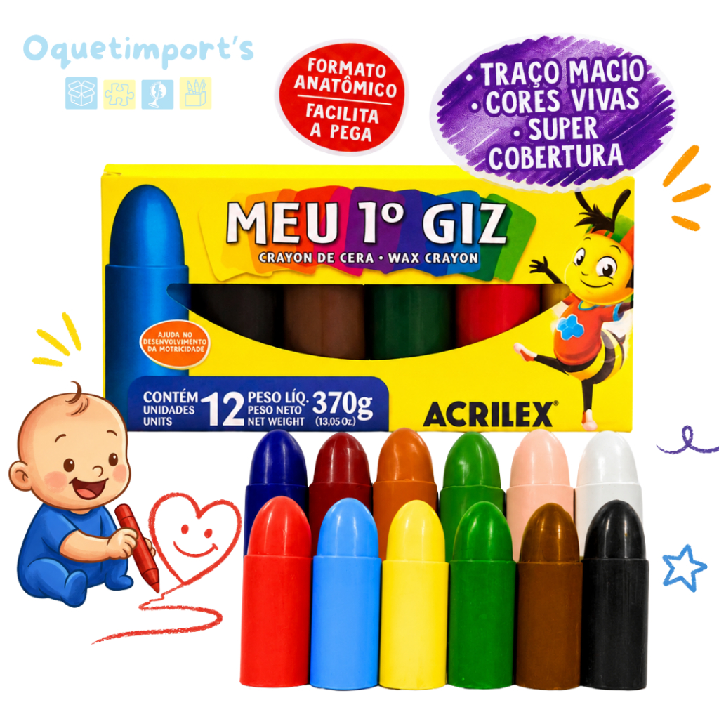Giz de Cera Infantil Acrilex Meu 1º Giz Anatômico Grosso 6 ou 12 Cores Não Tóxico