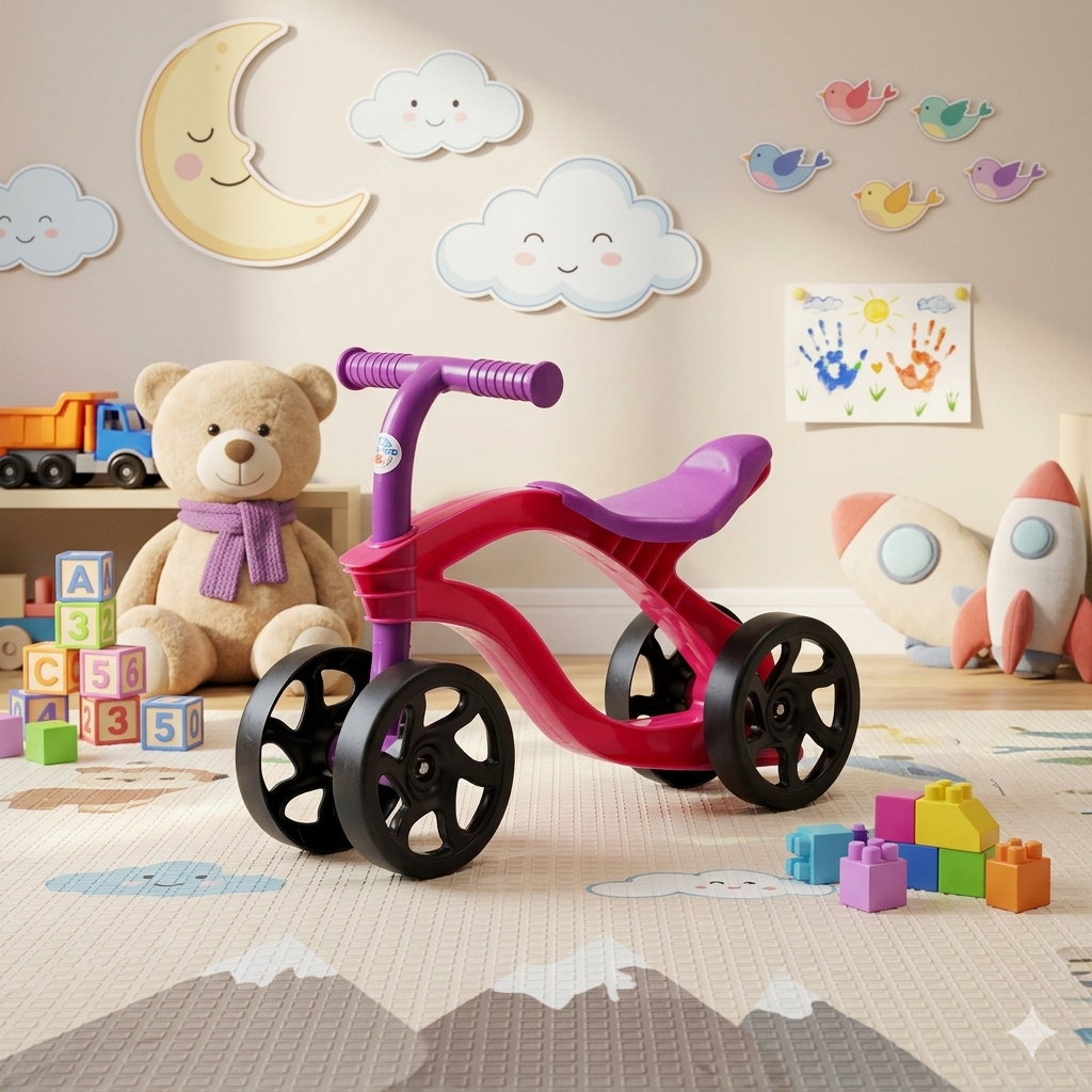 Bicicleta De Equilíbrio Infantil Futurista Sem Pedal 4 Rodas - Rosa Aprendizado Motor Divertido Cores Alegres
