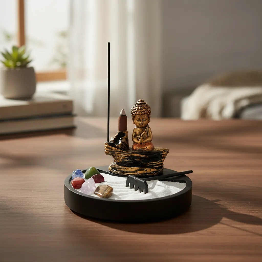 Jardim Zen Redondo Incensario Buda Menino Zen Cascata em Resina Pedra 7 Chakras
