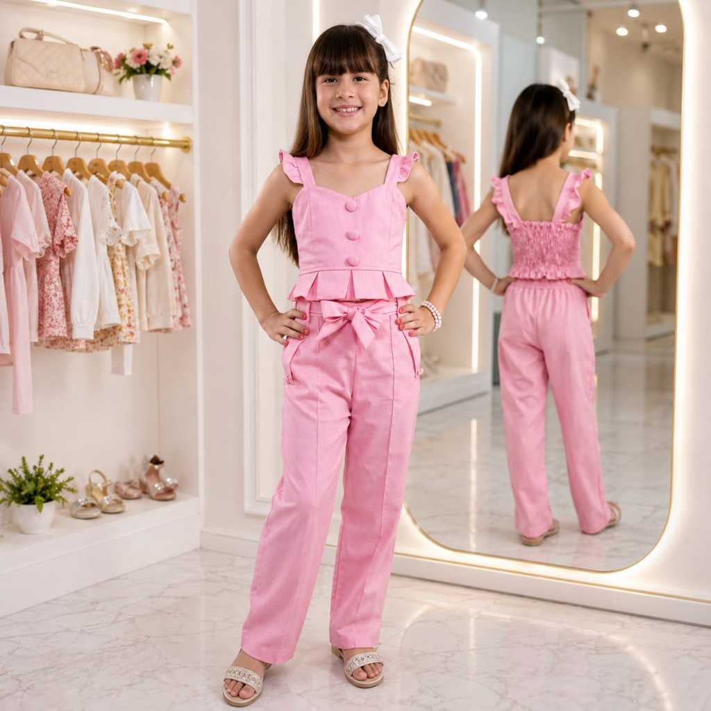 Conjunto Infantil Juvenil Calça + Cropped em linho Look Verão Blogueira (6 ao 16) PRONTA ENTREGA