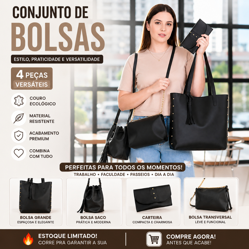 4 Bolsas Feminina Sacola Saquinho Bau e Carteira GetShow Temos Caramelo Branco Preto Rose Kit Bolsa