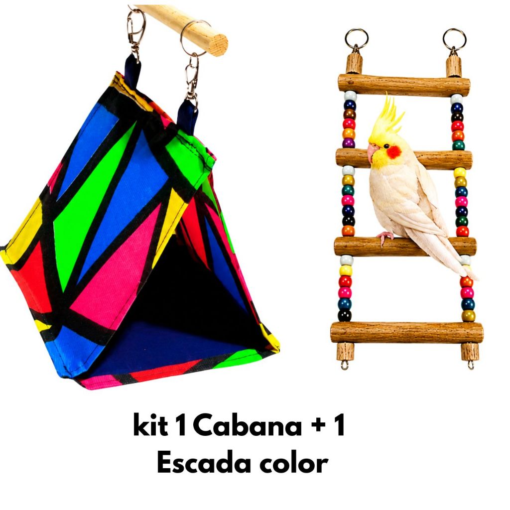 Kit 2 Brinquedos Para Calopsita Cabana + Escada Ponte Para Gaiola Ninho De Aves Periquito Rrinq Neck Caturra.
