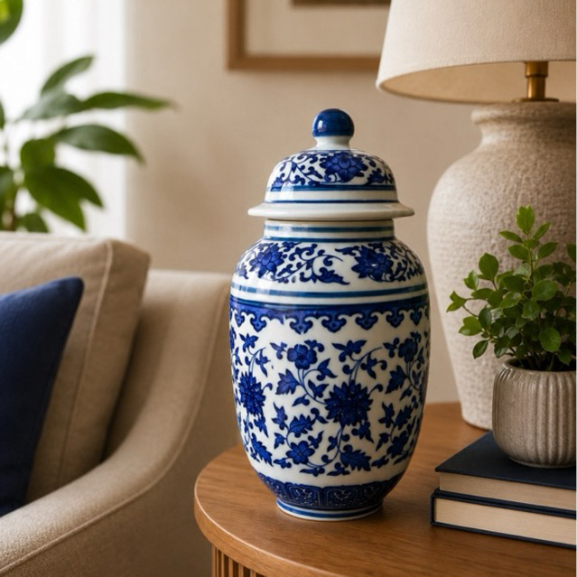 Vaso Potiche Decorativo com Tampa Azul e Branco Azulejaria Portuguesa para Sala e Aparador