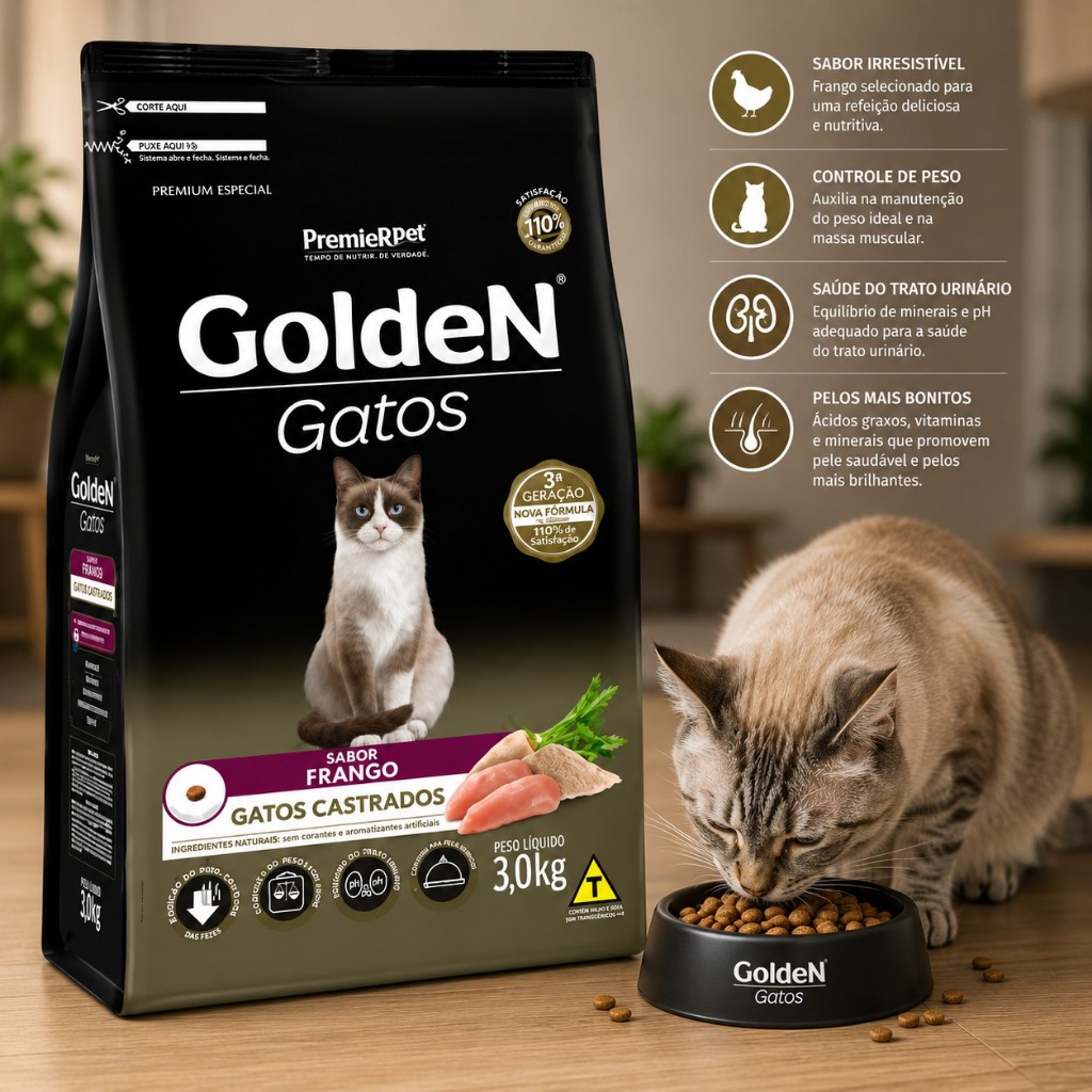 Ração Golden Gatos Castrados Frango Premium Especial 3kg Controle De Peso Saúde Urinária