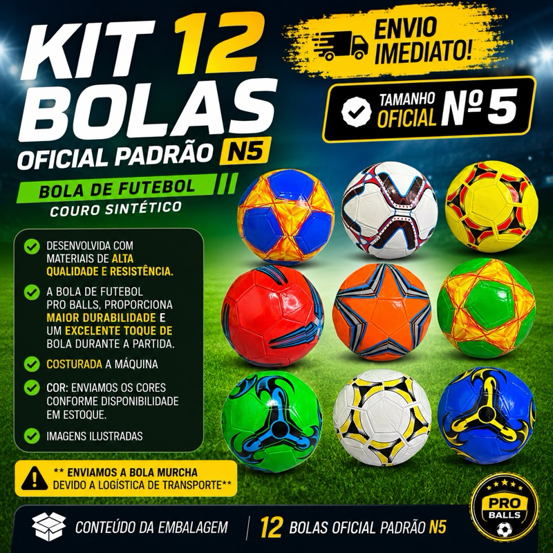⚽ KIT 6 ou 12 BOLAS DE FUTEBOL OFICIAL PADRÃO N5 ⚽ 🔥 Cores Sortidas • Alta Durabilidade • Envio Imediato 🔥