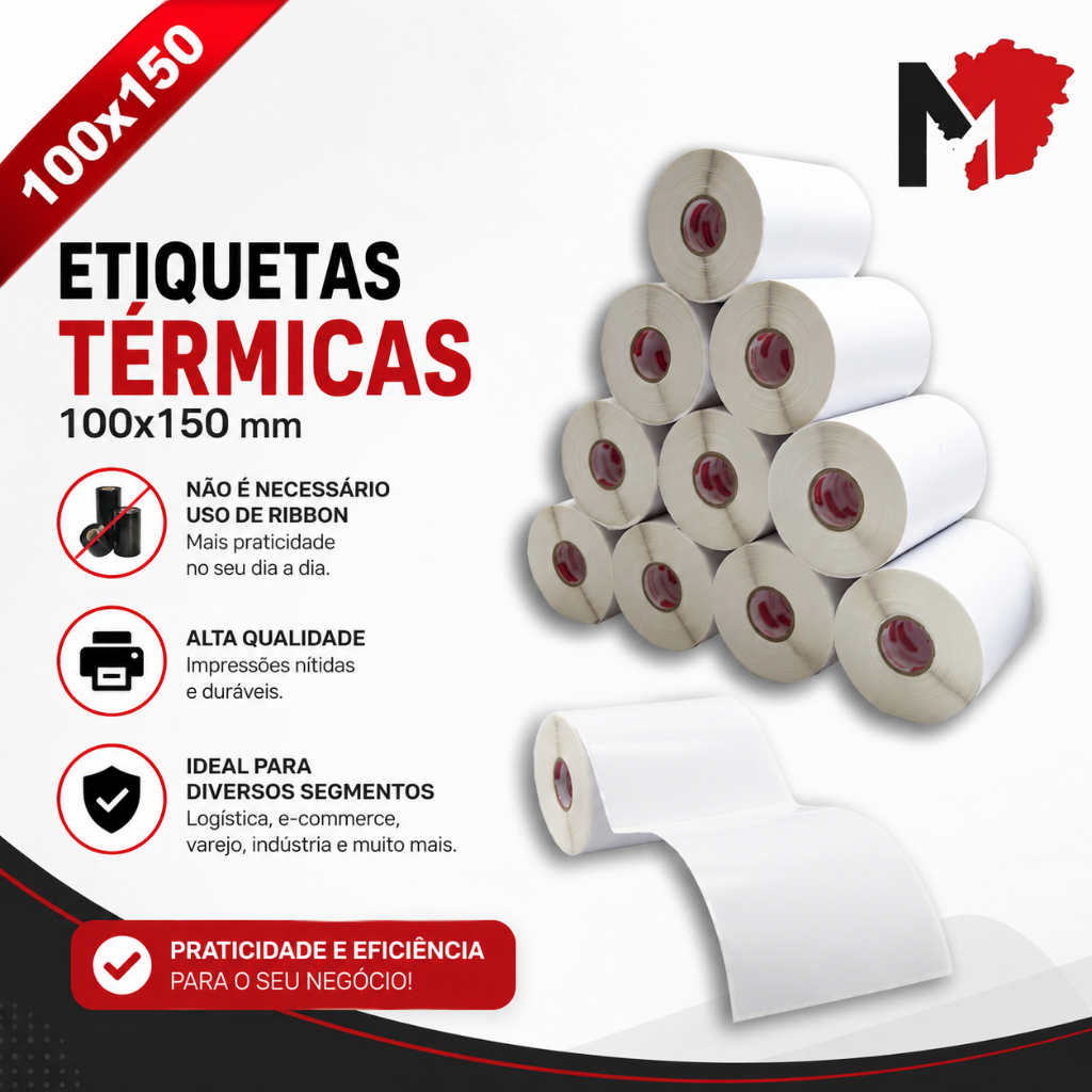 Kit 20 Rolos Etiqueta Térmica 10x15 100x150 mm Adesiva Serrilha Compatível  Sem Ribbon 130 Etiqueta