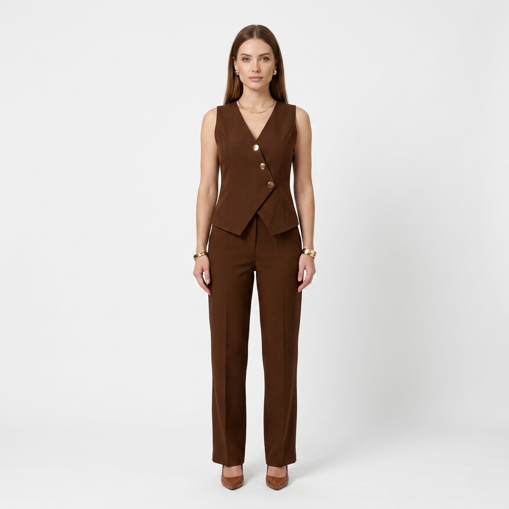 25153 Conjunto Feminino Alfaiataria Colete Assimétrico Botões Dourados Calça Pantalona Social Elegante