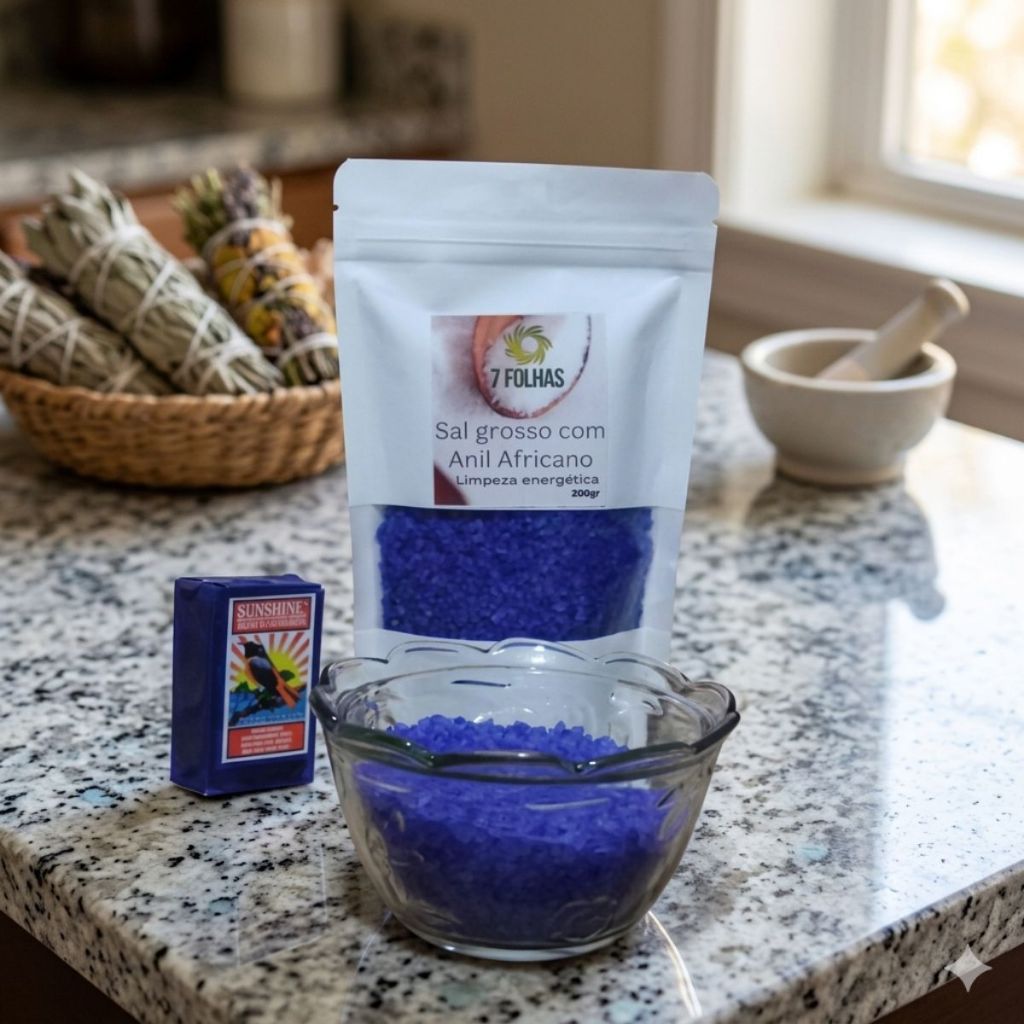 Sal Grosso com Anil Africano – 250g - Limpeza Profunda e Transmutação de Energias - 7 Folhas