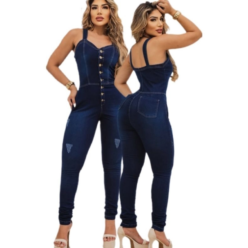 Macaquinho Macacão Longo Jeans Feminino com lycra sem manga Com Lycra Tam 36