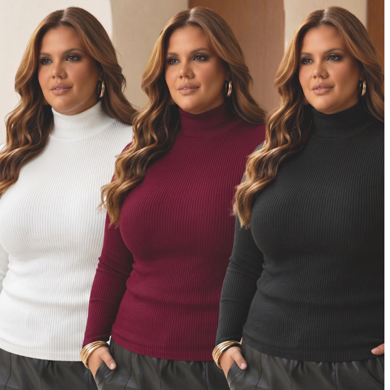 Blusa Cacharel segunda pele Plus Size Gola Alta Canelada Elegante quentinha blusa inverno curve frio