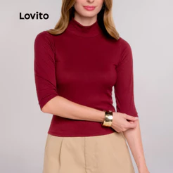 Lovito Blusa Gola Alta Casual Feminina Manga 3/4 Moda Feminina BLB17451775