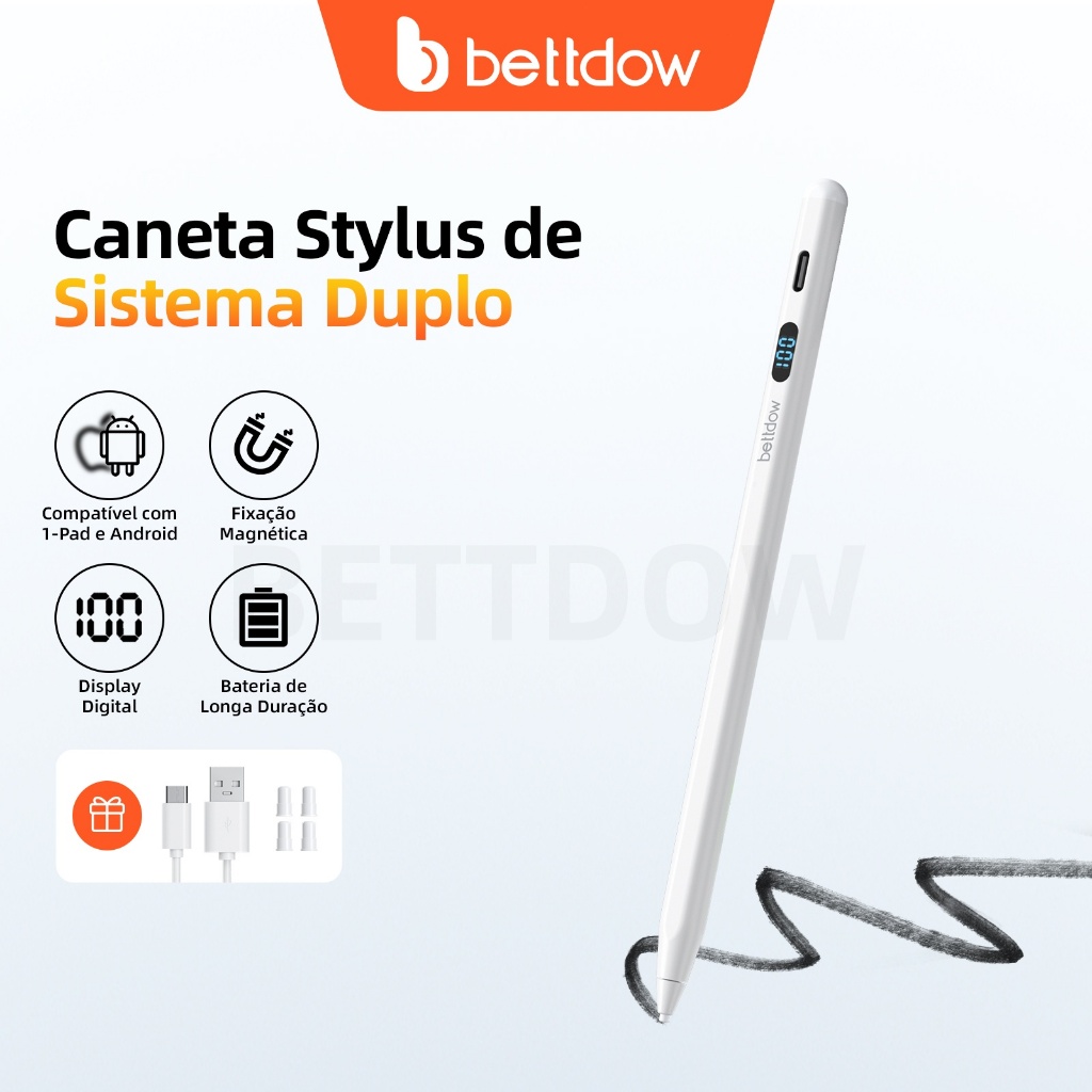 Caneta Stylus 2 em 1 BETTDOW GD017, compatível com sistemas iPad e Android, com indicador LED de bateria.