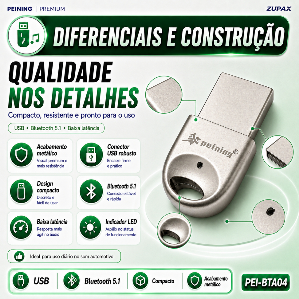 Adaptador Bluetooth Som Automotivo USB V5.1 Peining PEI-BTA04 Car Connect Receptor de Música