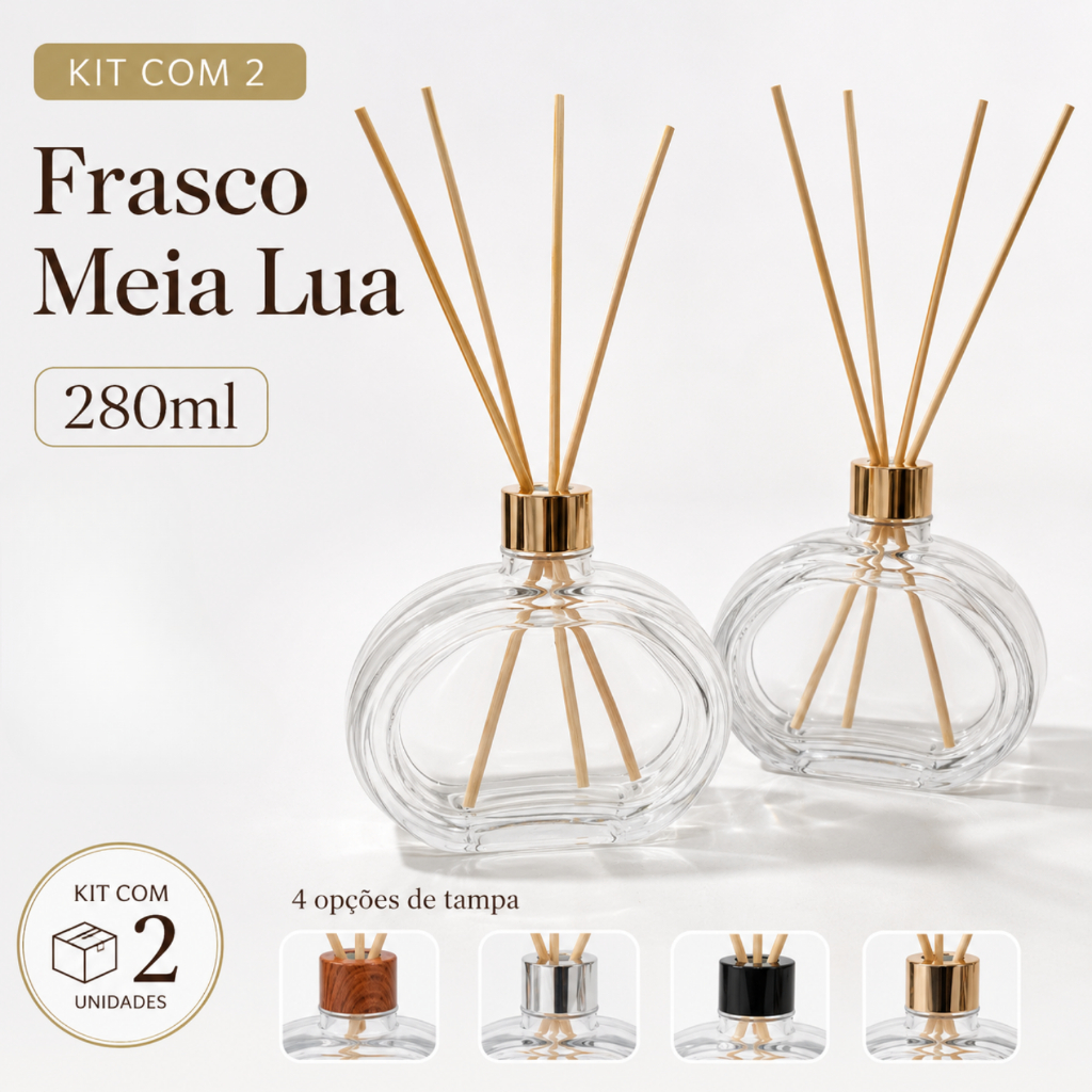 Kit 2 Frascos Difusor Meia Lua 280ml Vidro Aromatizador Ambientes com Varetas e Tampa Luxo