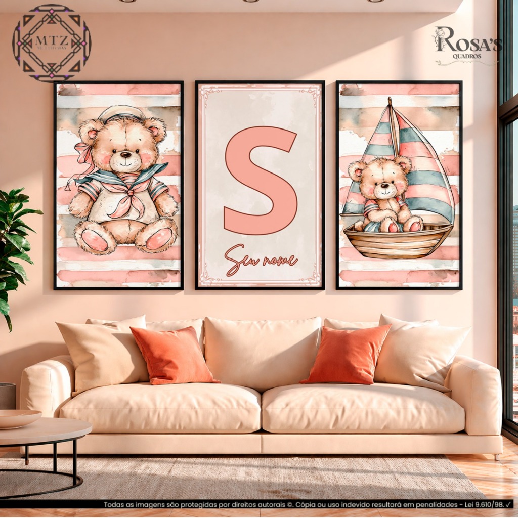 Kit 3 Quadros Infantis Ursinho Marinheiro Personalizado com Nome Inicial Quarto Bebê Mdf Perfeito