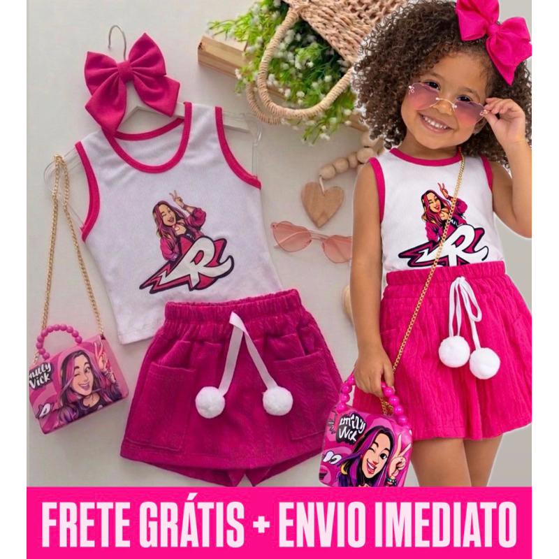 CONJUNTO INFANTIL EMILLY VICK GRUPO DOS ROSAS BLUSA + SHORT SAIA MODA BLOGUEIRINHA TENDÊNCIA PARA MENINAS 2 A 12 ANOS
