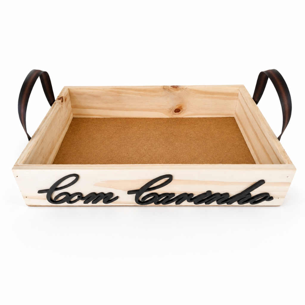 Bandeja Madeira Pinus 33x22x6,5 Com Alça Escura Frases Café Da Manhã