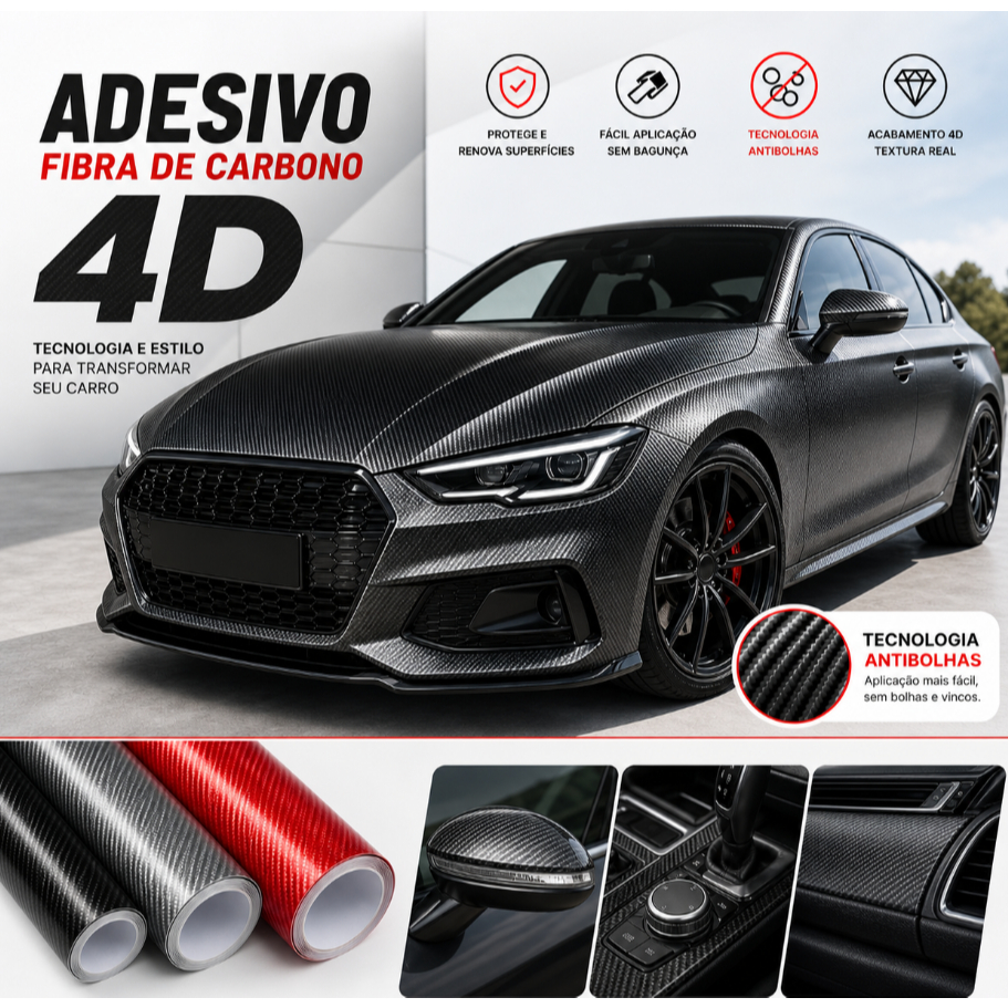 Película Adesiva Fibra de Carbono 4D Vermelho Automotivo para Envelopar Carro Moto Lavável Capô Teto
