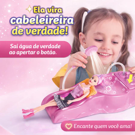 Kit Lavatório Infantil com Água de Verdade + Boneca 30cm e Acessórios Salão Cabeleireiro Rosa