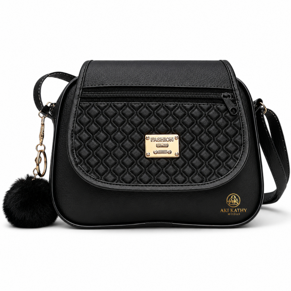 Bolsa Feminina Transversal com Tampa Tiracolo Lateral Pequena 3 Ziper de Couro Sintético + Chaveiro