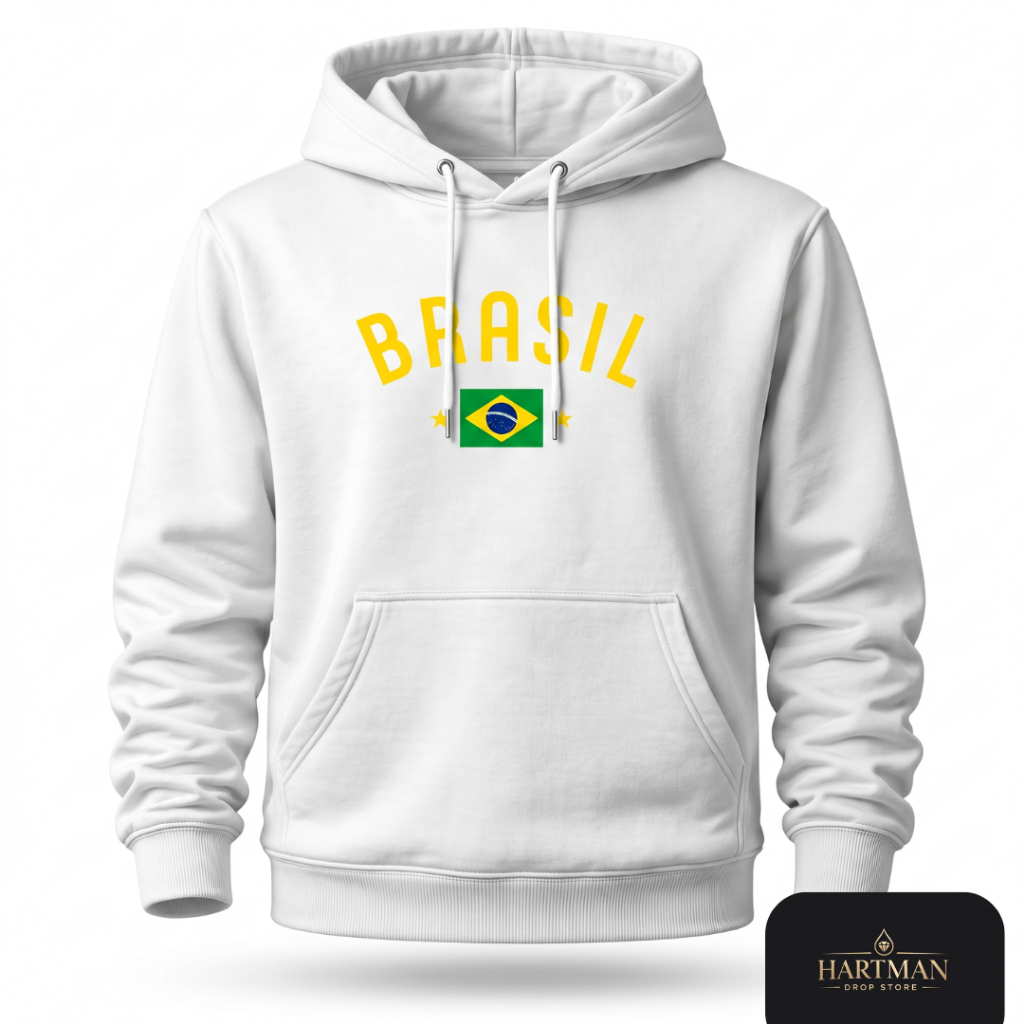 Moletom Brasil Canguru Flanelado Preto Branco Blusa de Frio Unissex - Bandeira do Brasil - Inverno